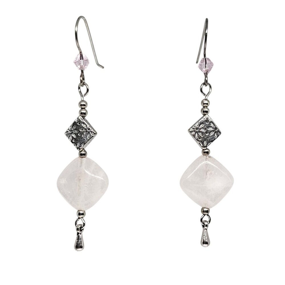 Handmade Pink Rose Quartz Earrings Silver Tone Dangle Drop Gemstone Beaded